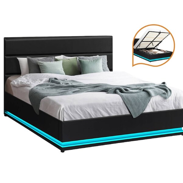 Oikiture Bed Frame Queen Double King Size RGB LED Gas Lift Base With Storage Double