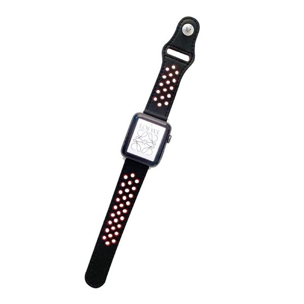 Nevenka Breathable Leather Watch Band for iWatch Series SE 7/6/5/4/3/2/1-BlackRed 42/44/45mm
