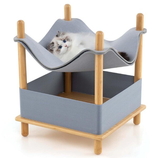 Costway 2-Tier Bamboo Cat House w/Semi-enclosed Condo & Removable Clothes Small Pet Bed Furniture for Indoor Kittens