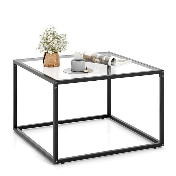 Costway 70 CM Square Coffee Table Tempered Glass Tabletop Modern Furniture Living Room Home Office