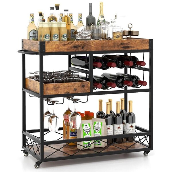 Costway 3-Tier Serving Trolley Mobile Bar Cart w/Glass Holder & Wine Rack & Removable Tray Kitchen Rustic Brown