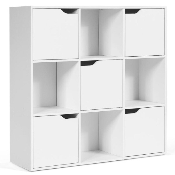 Costway 9-Cube Storage Cabinet 3-Tier Organizer Wooden Cubby Bookcase w/Doors Stand Shelf White
