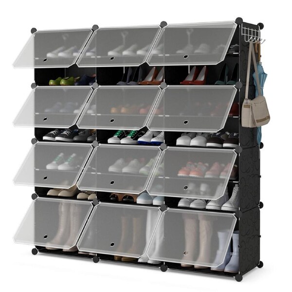 Costway 12-Cube Shoe Storage Cabinet 48 Pairs Shoe Shelves w/5 Hanging Hooks & 12 Doors DIY Rack Black