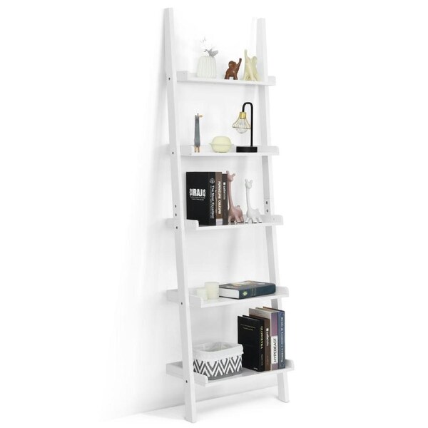 Costway Ladder Bookshelf Bookcase Wall-Leaning Storage Display Shelf Home Office Flower Stand Rack White