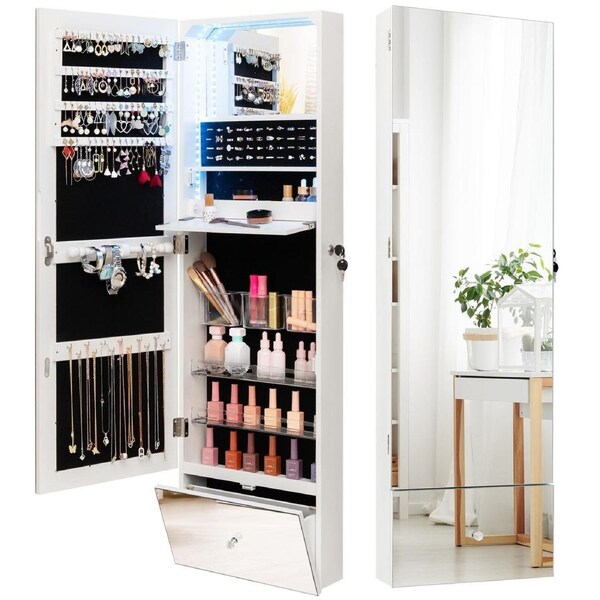 Costway 120cm Mirror Jewelry Box Wall Mounted Jewellery Cabinet Full-Length Armoire Organizer w/Foldable Shelf & 3-Color LED White