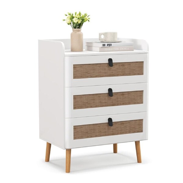Costway Modern Nightstand Bedside Table Boho Accent End Table 3 Rattan Drawers