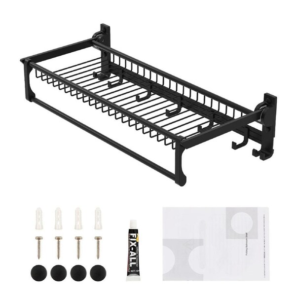 Costway Foldable Towel Rack Wall Mounted Shower Storage Shelf Aluminum Organiser Holder Bathroom Kitchen w/Towel Bar & Movable Hooks