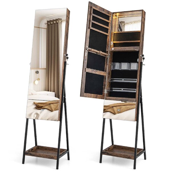 Costway Industrial Jewelry Armoire Cabinet Full Length Mirror Jewelry Organiser Box w/Drawer Bottom Shelf & Lights