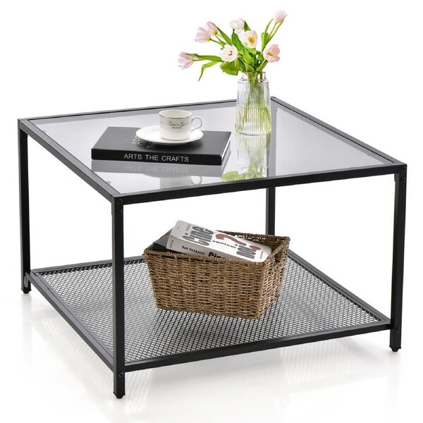 Costway 2-Tier Coffee Table Modern Square Side Table Glass Tabletop w/Mesh Shelf Living Room Home Office