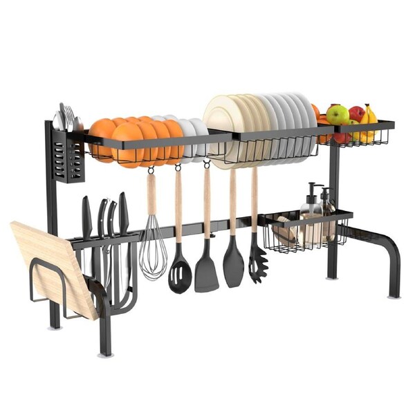 Costway Over Sink Dish Drying Rack 2 Tier Adjustable (21"-39") Length w/ 8 Hooks