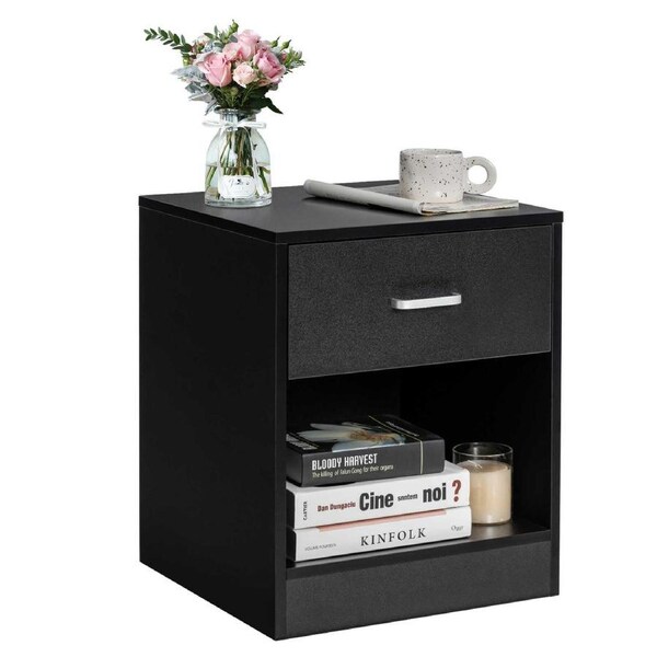 Costway Wood Besdside Table Storage Nightstand Cabinet w/Drawer & Open Shelf Home Bedroom Office Black