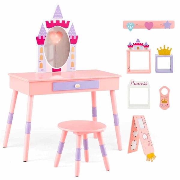 Costway Vanity Table & Stool Set Makeup Dressing Table w/Drawer & Mirror Castle Pink