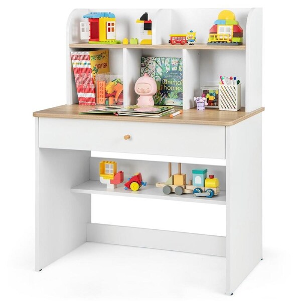 Costway Study Desk Writing Table Students Learning Desk w/Drawer & Open Shelves White