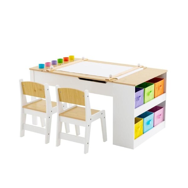 Costway 2-in-1 Art Table & Chairs Set Play Activity Drawing Desk w/Liftable Tabletop Storage Box Playroom Classroom Natural