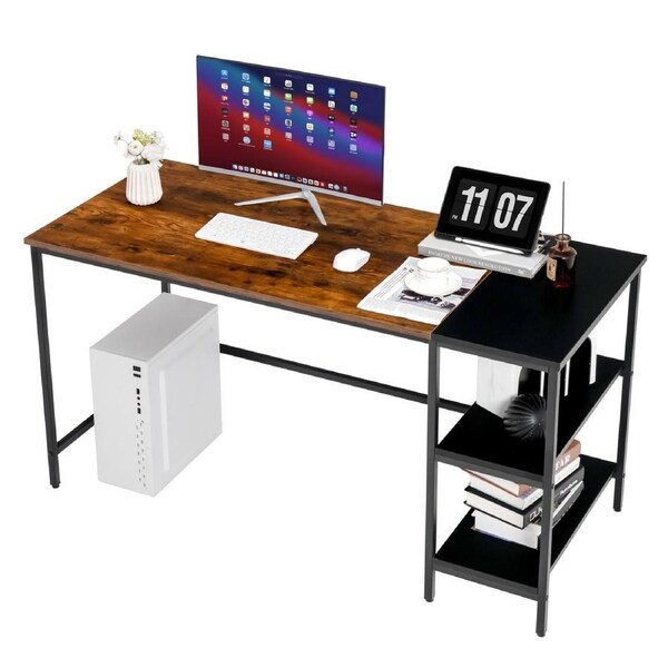 Costway 140 CM Reversible Computer Desk Writing Study Table Home Office w/Bookshelf