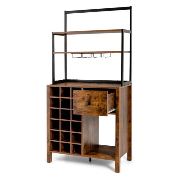 Costway 3-Tier Baker's Rack Kitchen Storage Cabinet Microwave Organizer Stand w/ Wine Rack & Drawer Brown