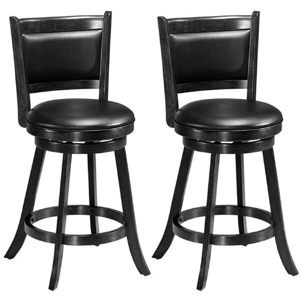 Costway 2x 61cm Swivel Bar Stool Rubber Wood Dining Chair PVC Cushioned Seat w/Backrest Footrest Kitchen Pub Black