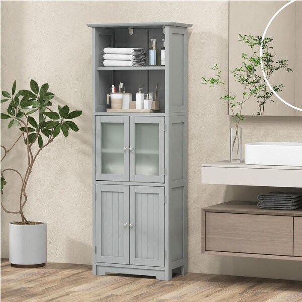 Costway 4 Door Storage Cabinet Kitchen Buffet Cupboard Bathroom Floor Organizer w/Adjustable Shelves Grey