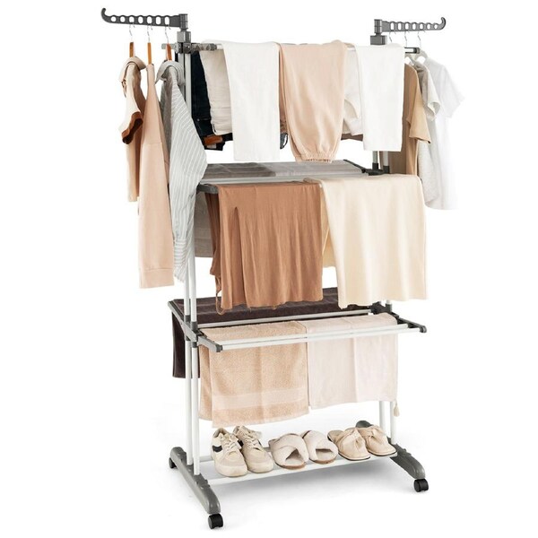 Costway 3-Tier Mobile Clothes Drying Rack Folding Clothes Airer Laundry Drying Stand w/Shoe Rack