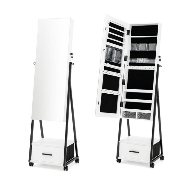 Costway Mobile Mirror Jewellery Cabinet w/Drawers White