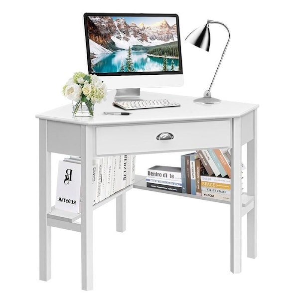 Costway Corner Computer Desk Dressing Table w/Drawer Shelves