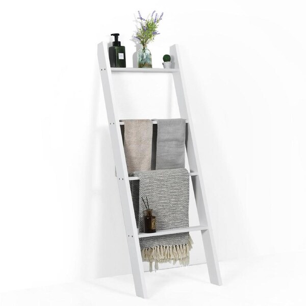 Costway 4-Tier Wall Leaning Blanket Ladder Wood Blankets Holder Rack Bathroom Living White