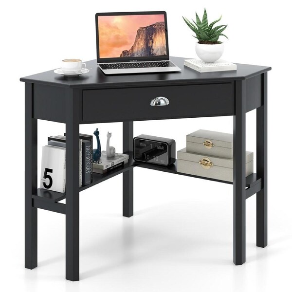 Costway Wooden Corner Computer Desk Triangle Laptop Table Home Office Desk w/Drawer & Open Shelves Black