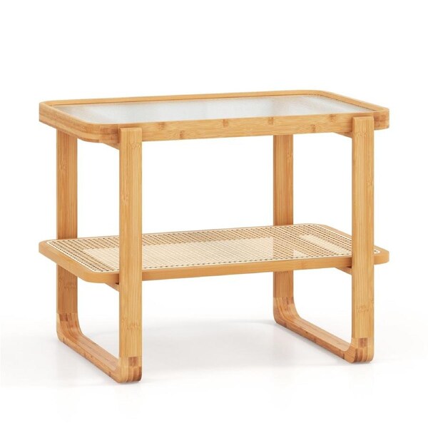 Costway 2-Tier Bamboo Bedside Table Compact End Table Sofa Side Table w/Glass Tabletop & Rattan Shelf Natural