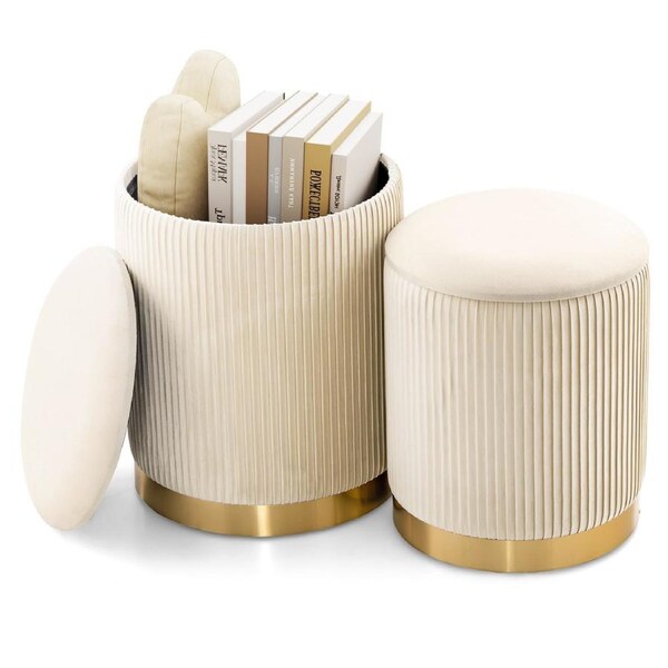 Costway 2PCS Storage Ottoman Vanity Stool Upholstered Chair Living Room Bedroom w/Stainless Steel Base