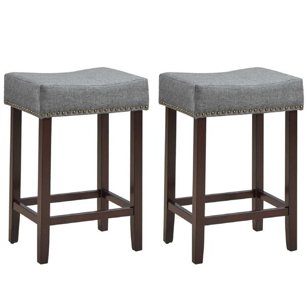 Costway 2x Saddle Bar Stool Padded w/Rubber Wood Legs Accent Nail Head Barstools Kitchen Height Counter Chair 61cm Grey
