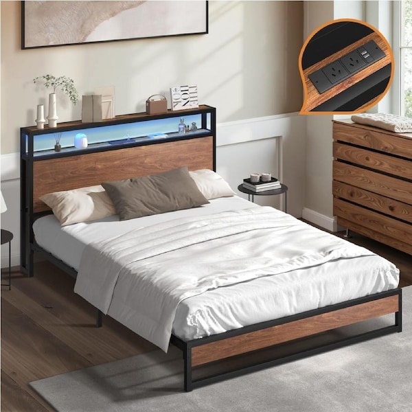 Oikiture Metal Bed Frame Double Size LED Storage Headboard USB Charge