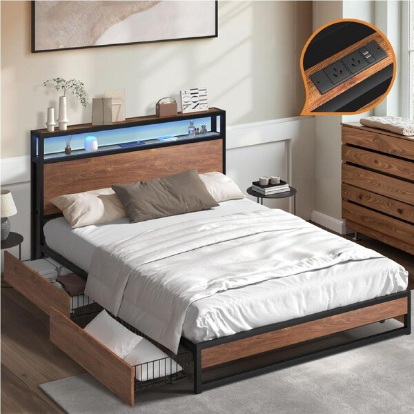Oikiture Metal Bed Frame King Size with LED Headboard Storage Drawers USB