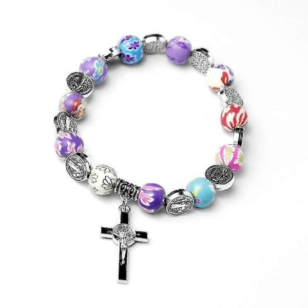 Rosary Cross Beaded Bracelet for Women Teen Girl Beaded Stretch Rosary Bracelet
