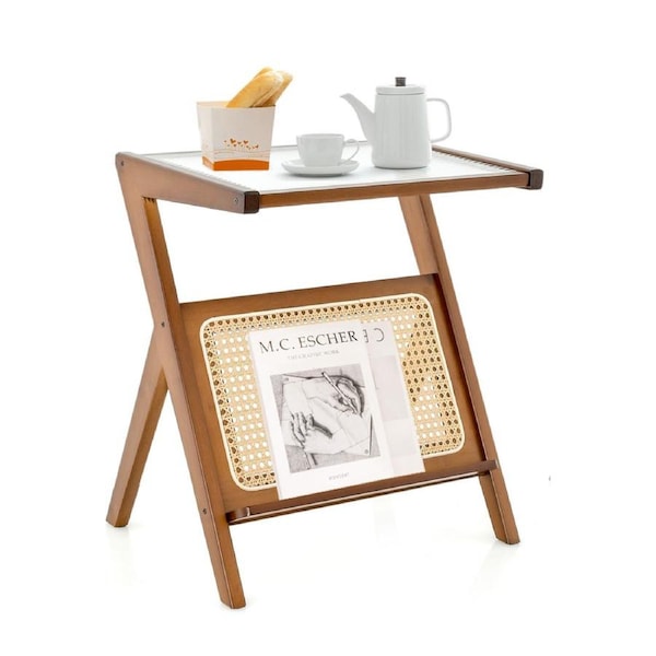 Costway Bamboo End Side Table Z-shaped Couch Accent Table Bedroom Nightstand w/Magazine Rack, Walnut