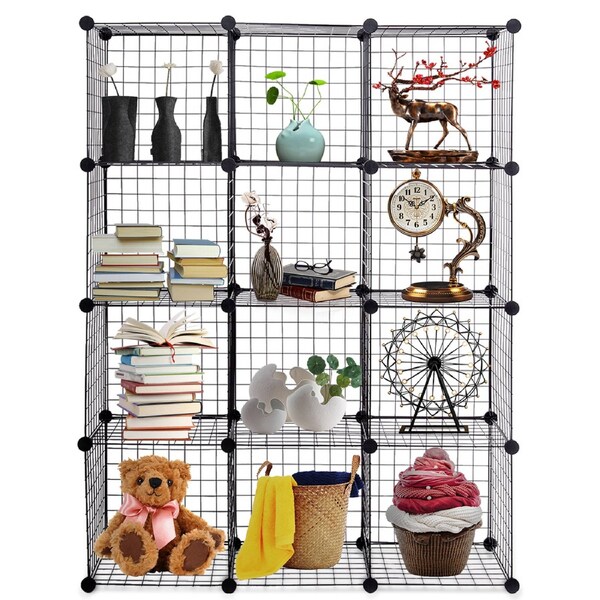 Costway 12 Cubes Grid Wire Storage Cabinet DIY Modular Shelf Organizer Rack Foldable Bookcase Home Black