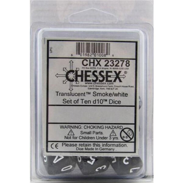 CHX 23278 BULK D10 Dice Translucent Smoke/White (10 Dice in Bag)