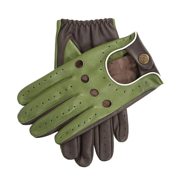 Dents Mens Touchscreen Three Colour Leather Driving Gloves - Lincoln Green/Brown/White XL