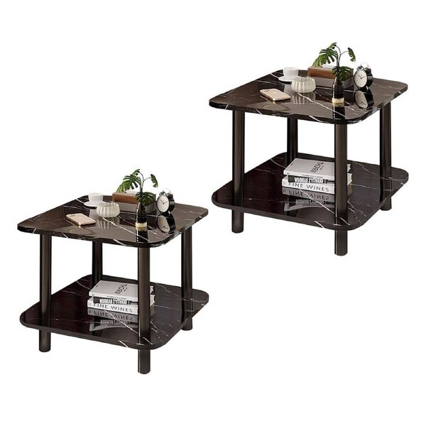 SOGA 2X 60cm Black Stone-Patterned Round Tables – Modern Design