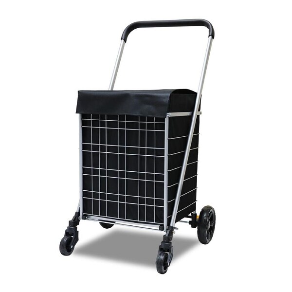 Heavy Duty Shopping Trolley with Wheels and Brake Foldable Metal Grocery Cart with Steel Mesh Basket and Waterproof Cover Bag