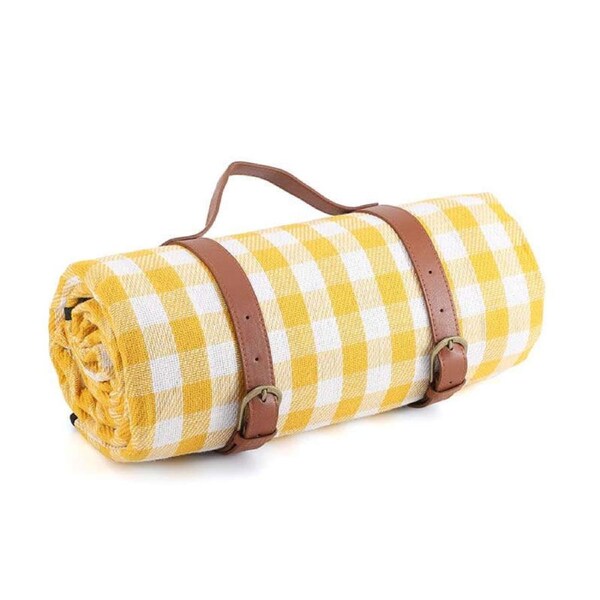 Nevenka Waterproof Picnic Blanket 3 Layered Foldable Outdoor Picnic Mat Perfect for Park and Beach-YellowWhite 150X200 CM