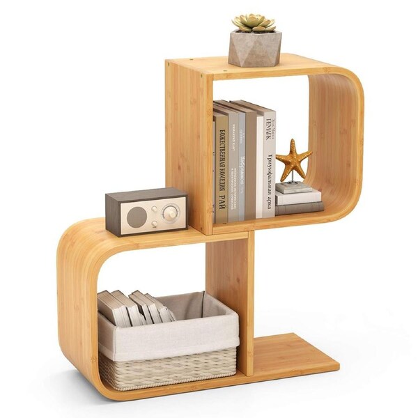 Giantex 2 Tier Bamboo Bookshelf S-Shaped Corner Display Shelf w/2 Open Cubes Natural