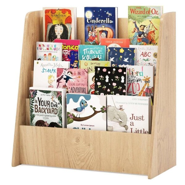 Babyjoy 4-Tier Kids Wooden Bookshelf Front Facing Display Bookcase Magazine Storage Rack Natural
