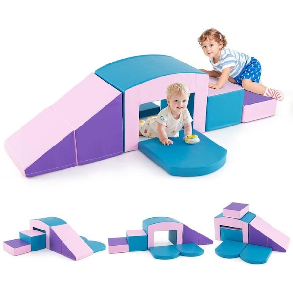 Costway 6pcs Fun Foam Climbing Blocks w/Tunnel Stairs & Ramp Soft Climb & Crawl Acitvity Playset Multi