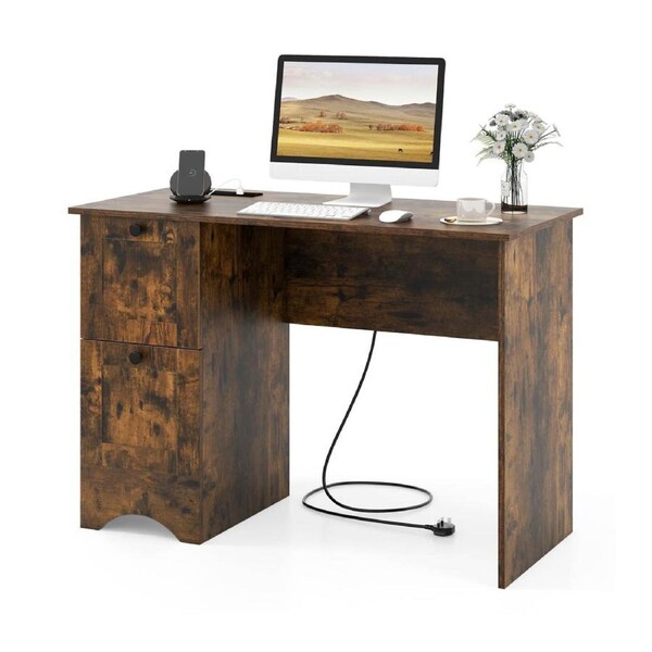 Costway Modern Study Writing Workstation Laptop Table Desk Computer Desk w/Drawers Brown