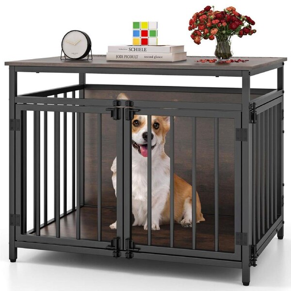 Costway Dog Crate Furniture 2in1 Kennel Large Pet Cage House Lockable Cabinet Side Table 3Door Hollow out Metal Cat 1.2cm