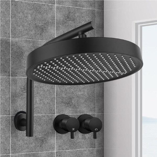 ACA 13" Rain Shower Head With Taps Set Black Round Gooseneck Shower Wall Arm