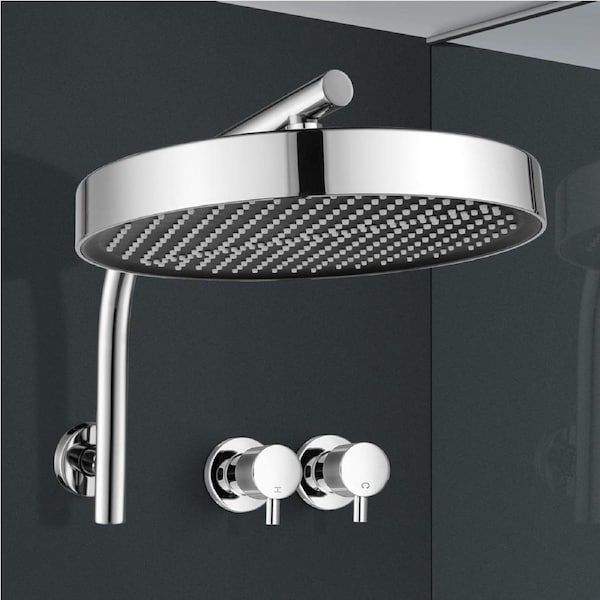 ACA Chrome 13" Round Shower Head Gooseneck Wall Arm With Twin Taps Set