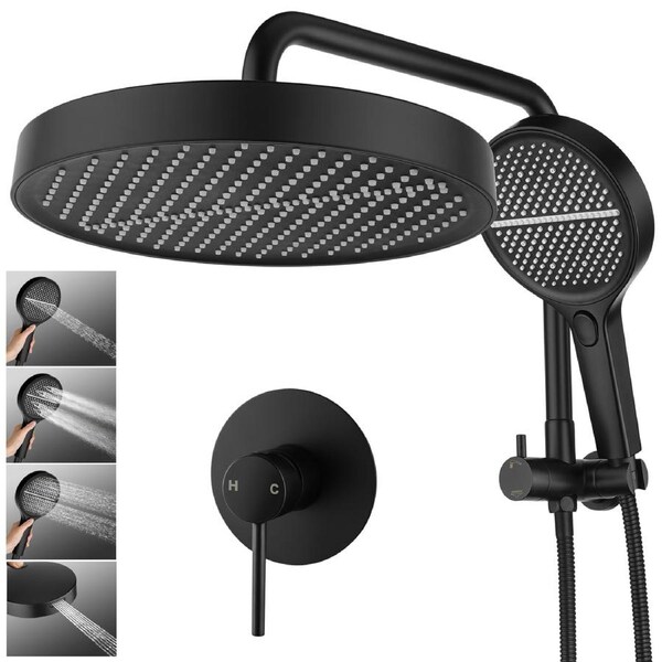 WELS 13" Rain Shower Head Set With Mixer Round 4-Mode Handheld Shower Black