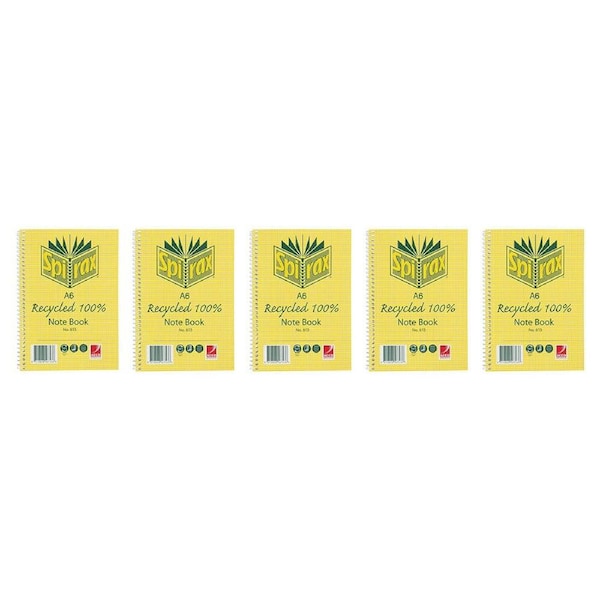 5x Spirax 813 Recycled Notebook A6 Stationery 100 Pages School Notebook Yellow