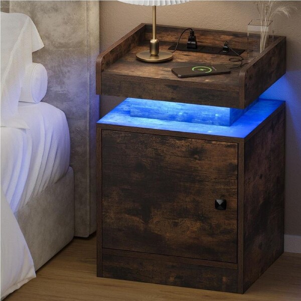 Oikiture Bedside Table LED Nightstand USB Charging Station Side Table Brown